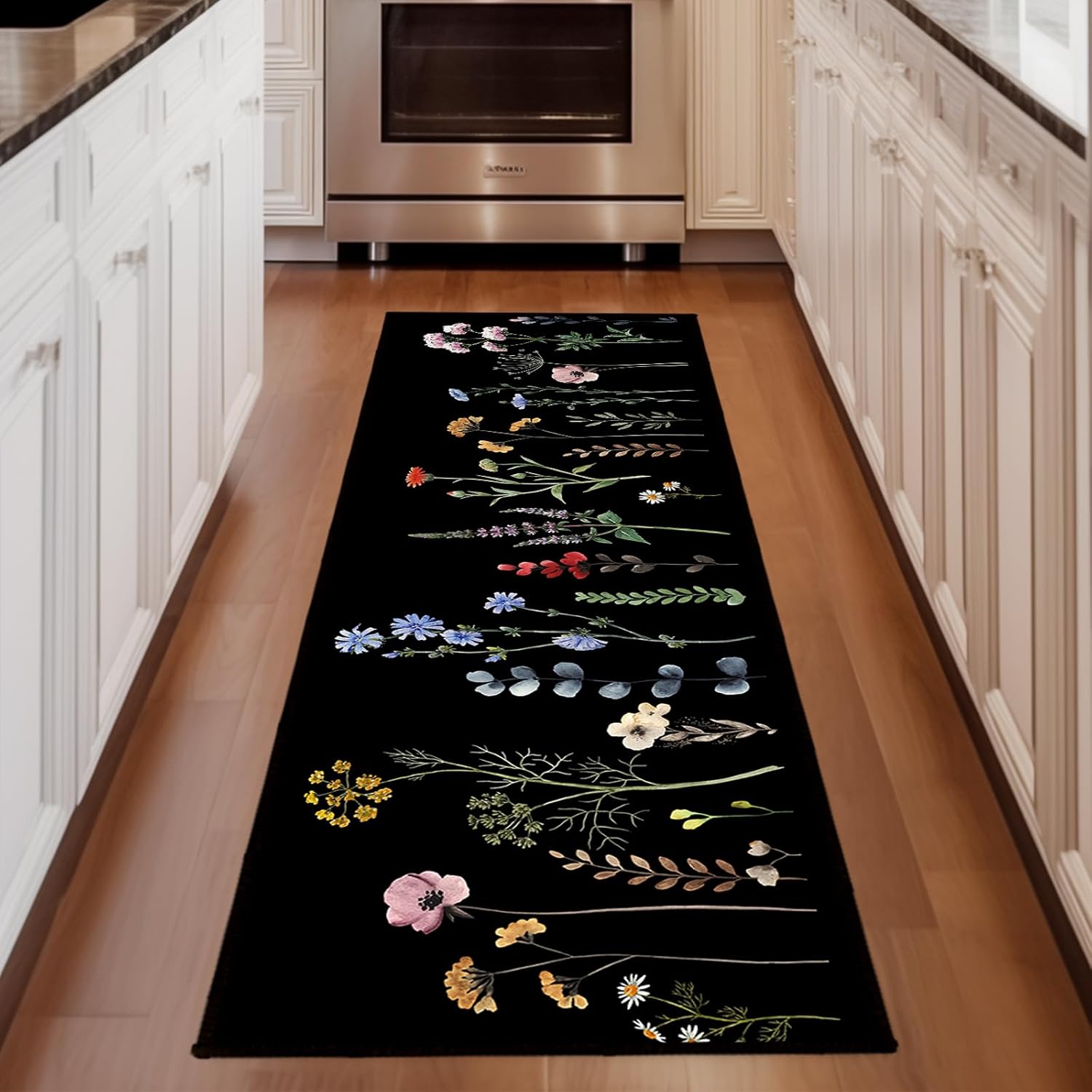 Florals Runner Rug for Hallways,Floral Rug for Bedroom,Spring Theme Bathroom Kitchen Runners Washable Rug Boho Small Rug Non-Slip Low-Pile Floor Carpets for Entryway Hallways,Laundry,Black