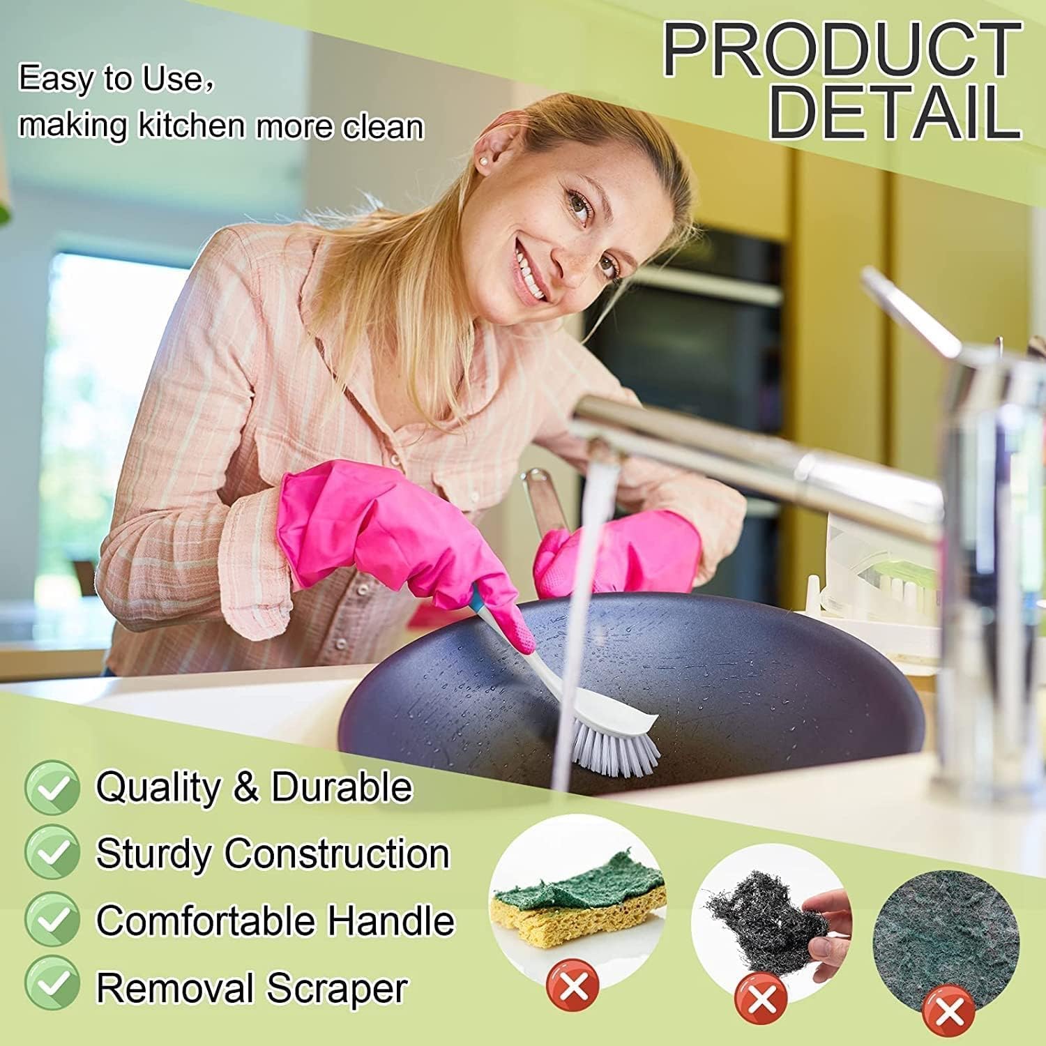 Aputue Saplı bulaşık fırçası, 2 adet mutfak temizleme gereci, sert kıllı fırça ile yerleşik kazıyıcılı tasarım, tencere tava ve lavabo için ergonomik tutuşlu etkili ev temizlik yardımcısı