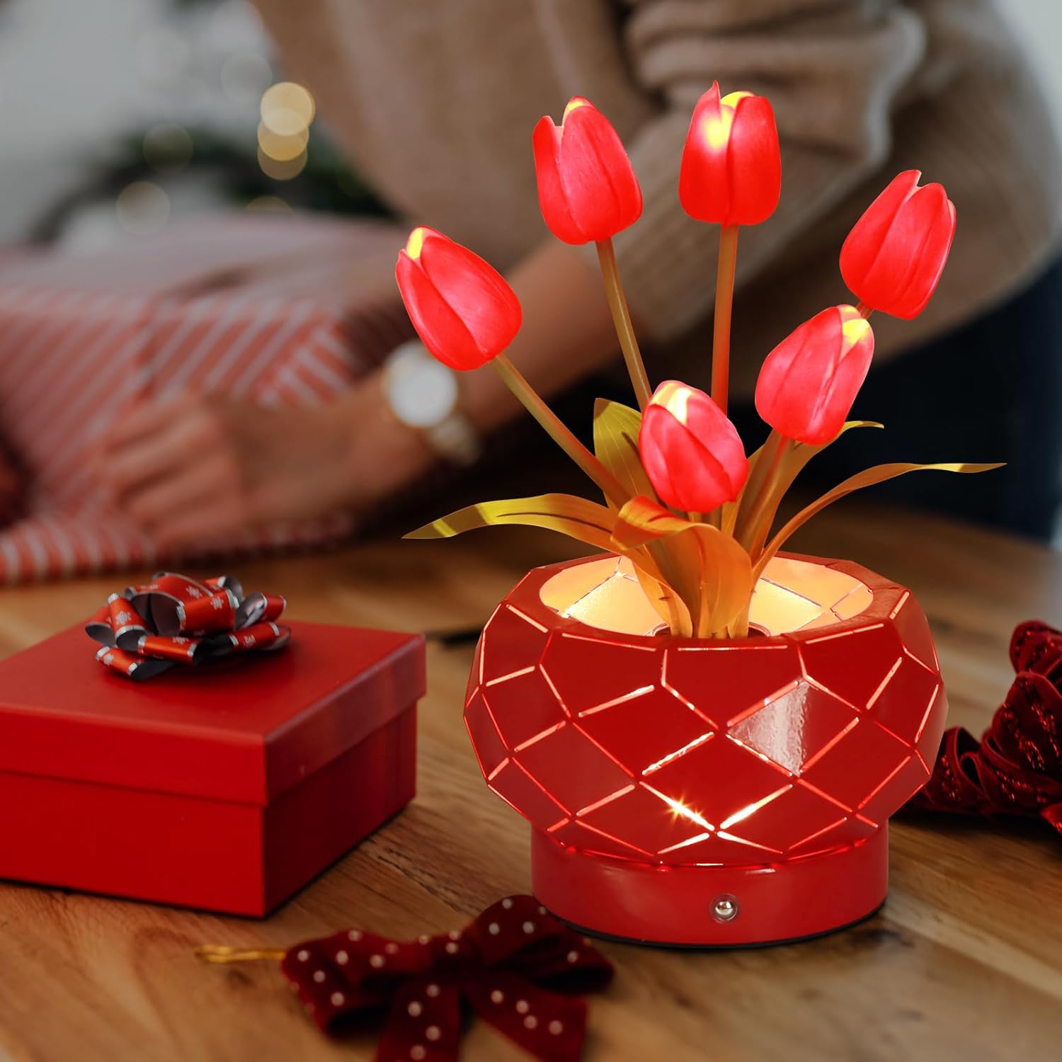 AMWGIMI Birthday Gifts for Women,Red Tulips Flower Home Decor Touch Table Lamp,3-Colour Dimming Rechargeable Cordless Small Night Light for Festival Housewarming Gifts for Mom