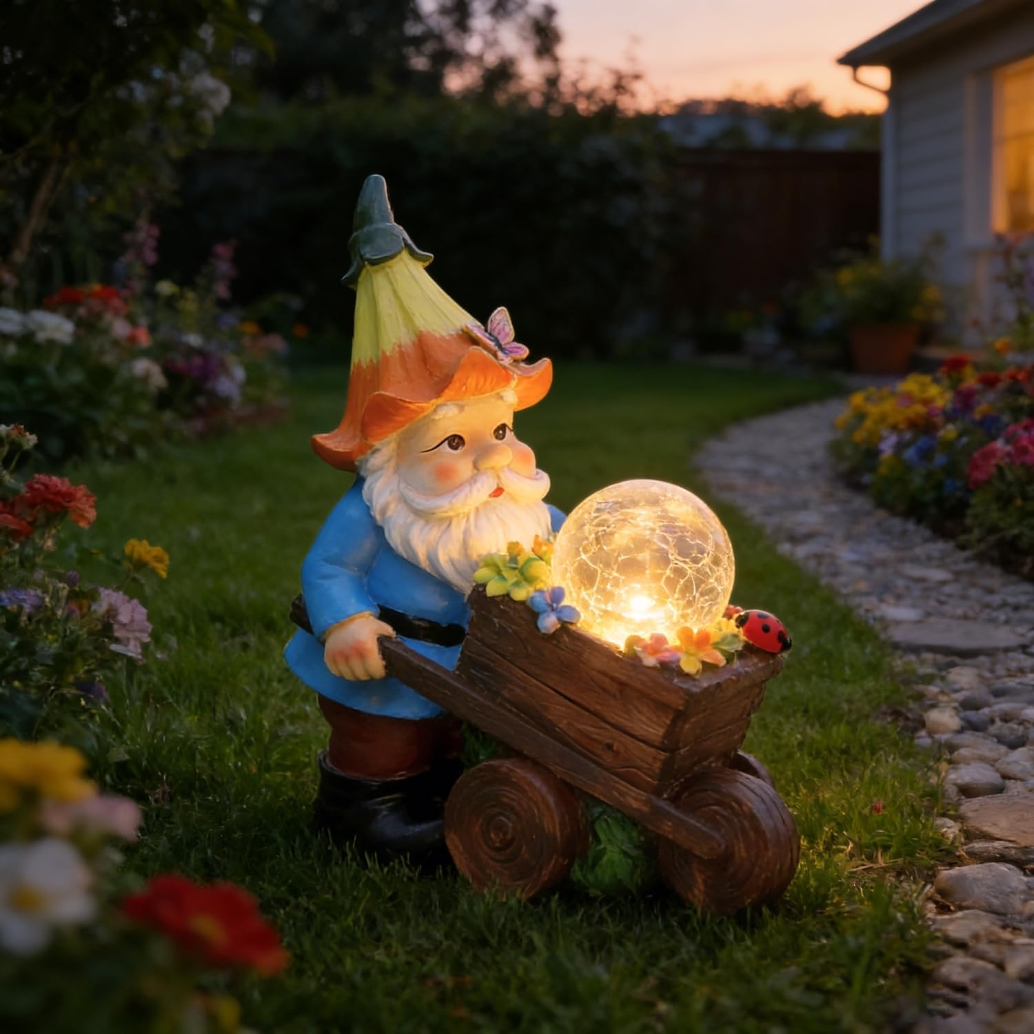Solar Garden Gnome Statue with Wheelbarrow, Outdoor Decor with Glass Ball & Ladybug, Resin Fairy Figurine for Patio, Yard, Gift