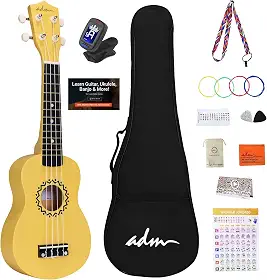 ADM Conjunto de ukulele soprano para crianças e iniciantes, kit de ukulele para iniciantes com bolsa, afinador de clipe, cordas arco-íris, alça colorida, palheta, adesivo de dedo, cartão de acorde