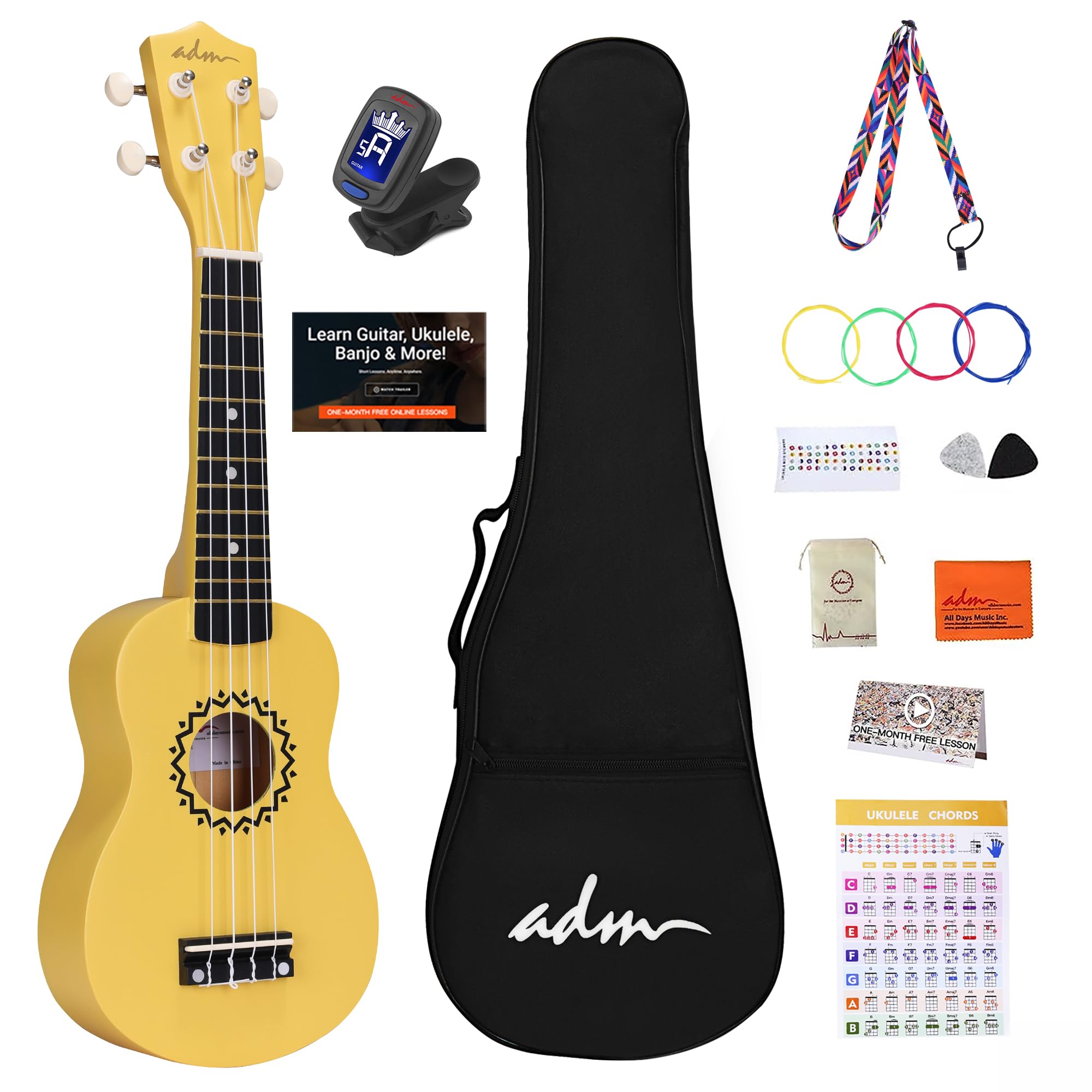 Ukulele Soprano Everjoys Per Principianti - Kit Completo Con Borsa, Tra Colla, Corde Di Ricambio E Plettri, Nero Lucido