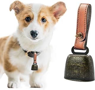 MrMrKura Dog Cats Collar Bell Pet Anti-Theft Bell with PU Leather Button Strap, Country Cow Bell Bronze Iron Antique Grazing Copper Bell Metal Cowbell