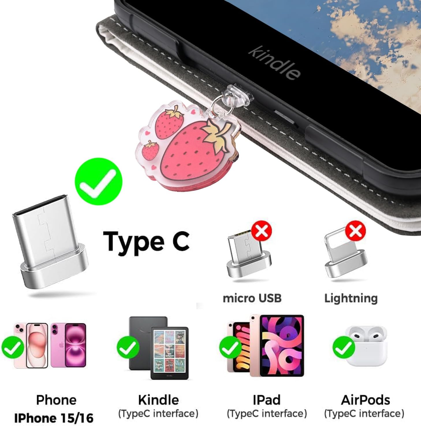 Cute Pink Strawberry Stand Case for 6" Kindle (2024 & 2022 11Th) with Dust Plug Stylish Girl Fruit Pu Leather Soft Cover Auto Sleep/Wake & Hand Strap Simple Kickstand Slim Case for Kindle