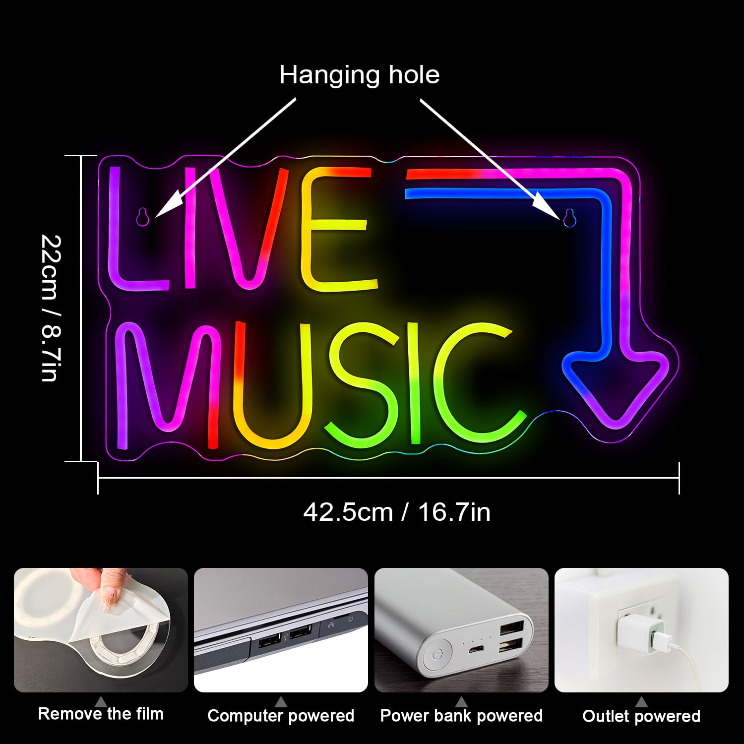 Horseneon Insegna al neon per musica dal vivo Insegna al neon musicale con luci cambianti RGB Lettera Luce al neon Musica Luci al neon con telecomando per camera da letto Bar Studio musicale Festa