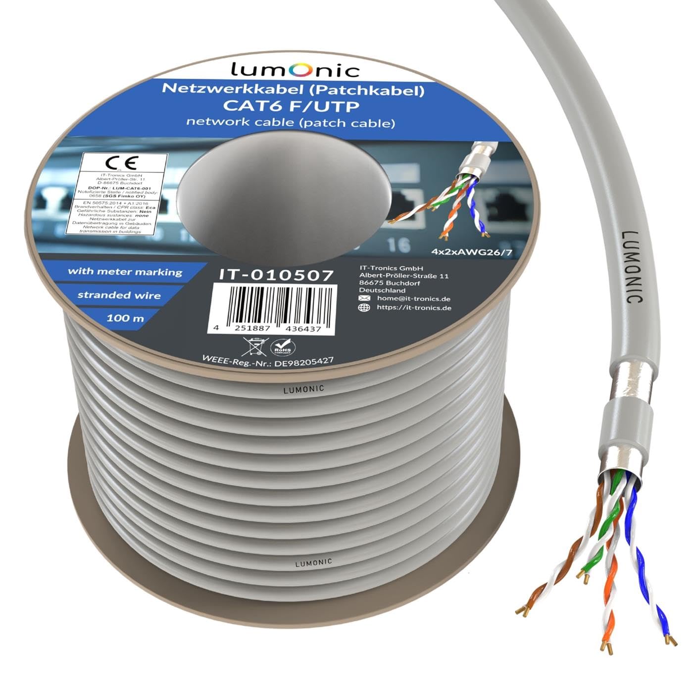 Lumonic LAN Cavo di rete 100m | LAN Cavo CAT6 F/UTP | Cavo Patch 4x 2x AWG26/7 (incagliato) | 250MHz 10 Gbit/s Ethernet