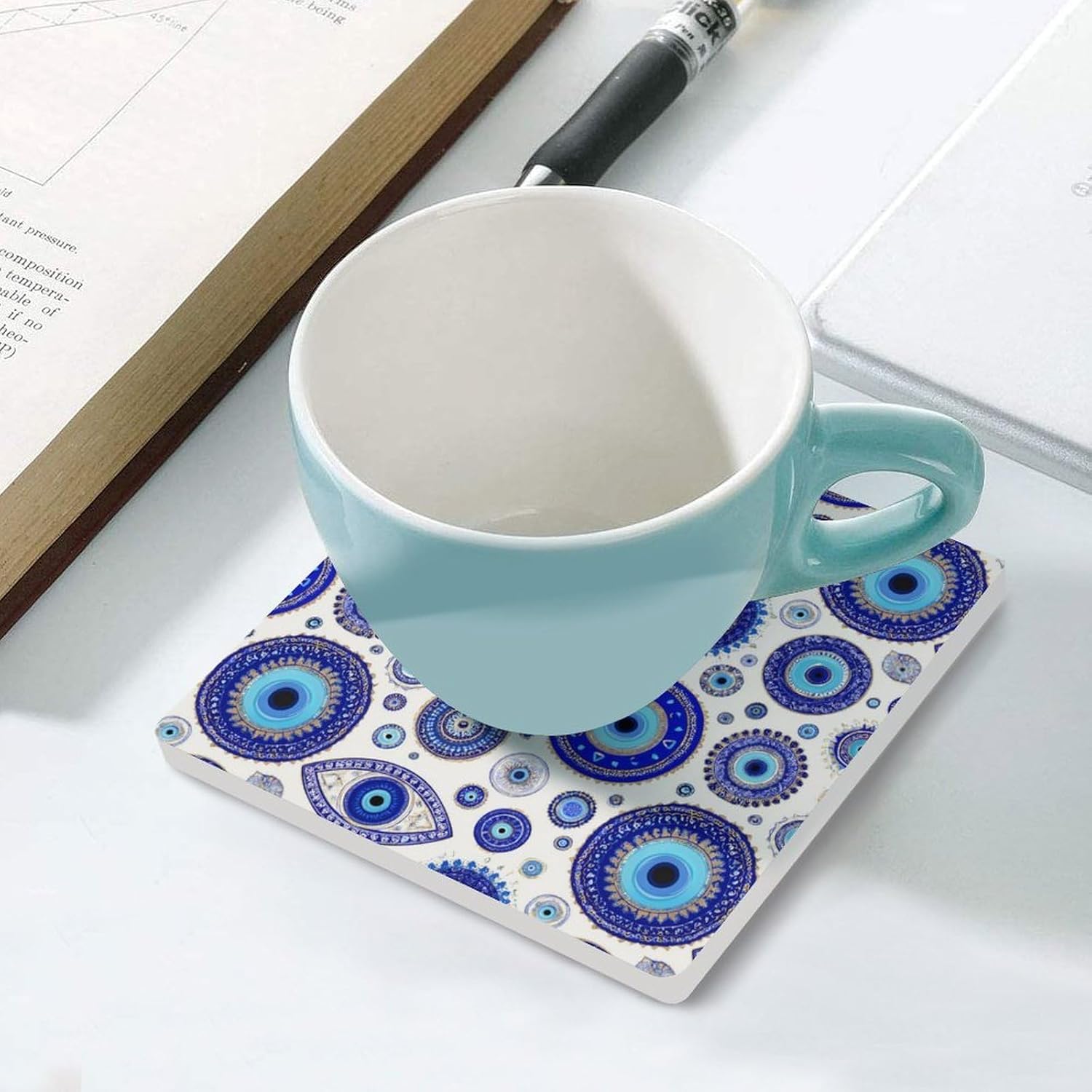 Blue Greek Evil Eyes Coaster for Drinks Square Ceramic Table Coasters Stone Mat Crafts 4PCS Home Kitchen Decor