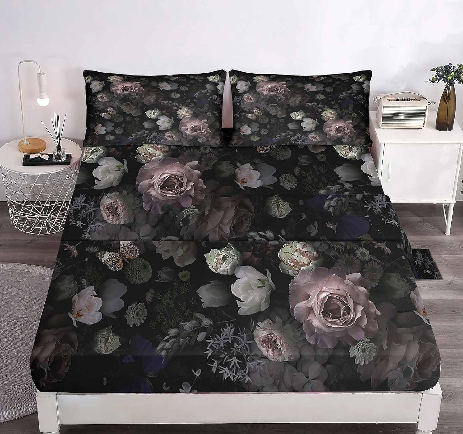 LUVIVIHOME 4PCS Gothic Black Floral Sheets Set, Queen Bed Sheet, Moody Victorian Botanical Pink Rose Peony Garden Aesthetic Goth Flower Bedding Set, 1 Fitted Sheet & 1 Flat Sheet with 2 Pillowcases