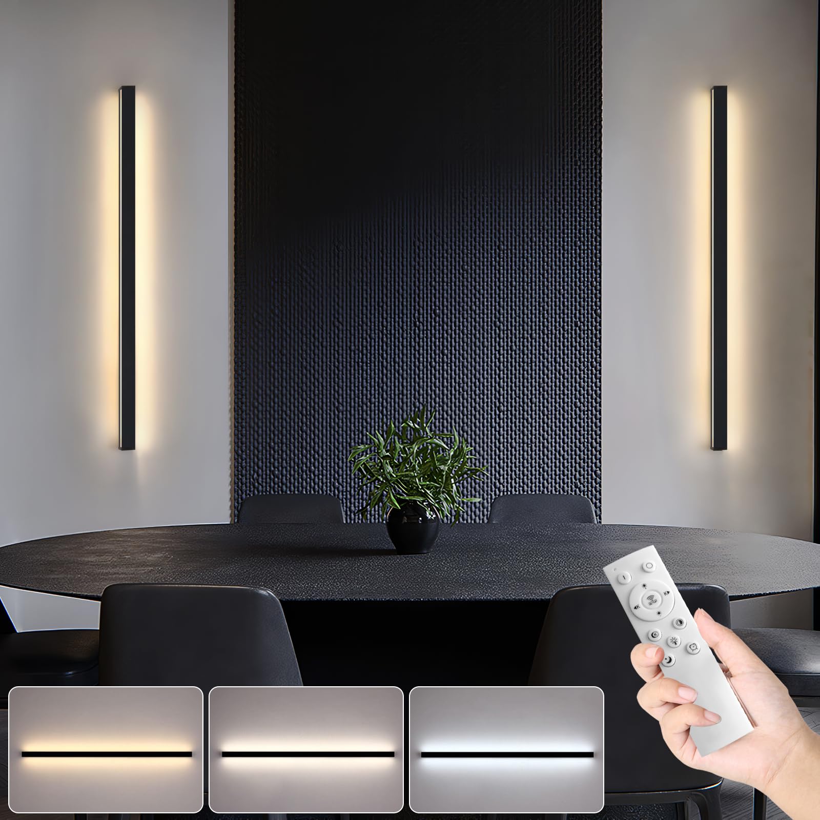 TooCust 40 Inch Modern Long Wall Sconces with Remote, Set of 2, Dimmable Narrow Strip Wall Lights, 3000K-6000K, 28W Indoor Hardwired Wall Mount Lighting for Bedroom, Living Room, Bathroom, Black