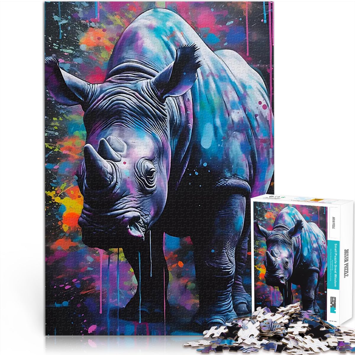 Jigsaw Puzzles 1000 Pieces for Adults Rhinoceros Painting Rinho Schwierig Schwer Geburtstagsgeschenk, Geschenke, Wandkunst38x26cm