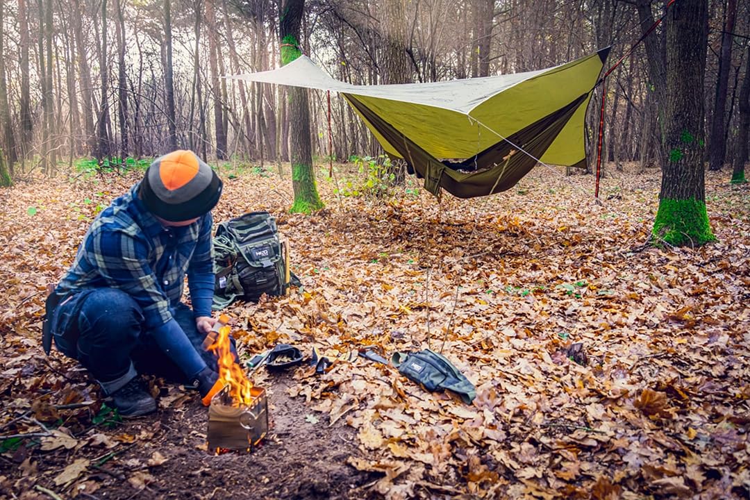 NEO TOOLS Bâche de tente, 360 x 290 cm, imperméable, légère, avec œillets, 4 piquets et 6 cordes, protection contre la neige, la pluie, légère et compacte, pour hamac, camping, randonnée, pique-nique,
