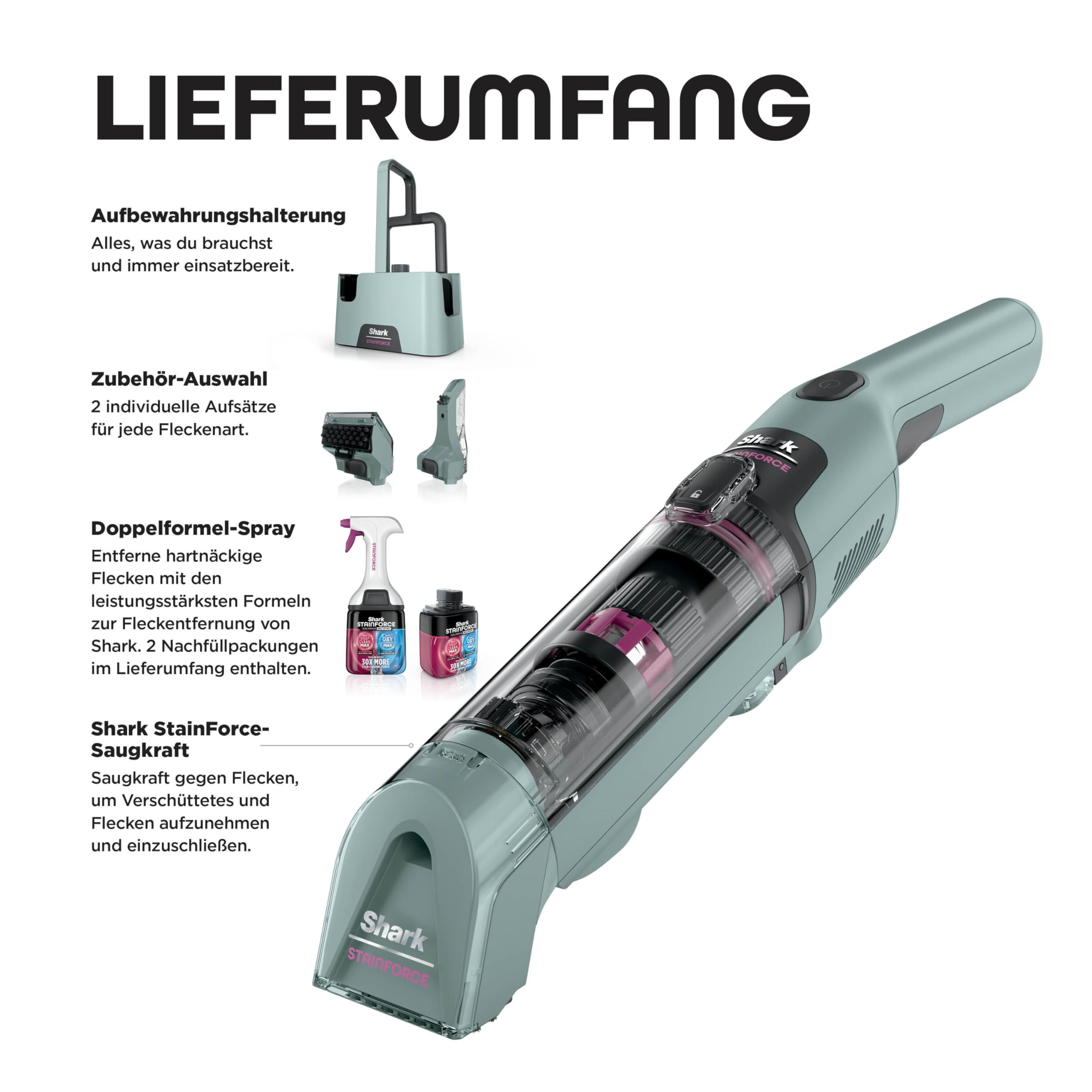 Shark StainForce kabelloser Fleckenentferner, tragbarer Flecken-, und Geruchsentferner für Teppichböden, Teppiche, Polstermöbel und mehr, mit Aufbewahrungsbox, Zubehör und 2 x Reiniger, HX100EUCP