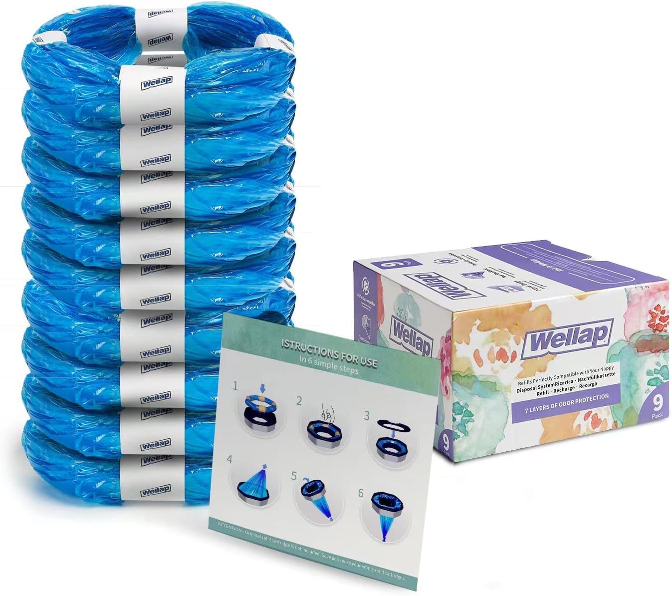 wellap baby 9 Recambios compatibles con todo tipo de recargas, Paquete de 9 Recambios para pañales