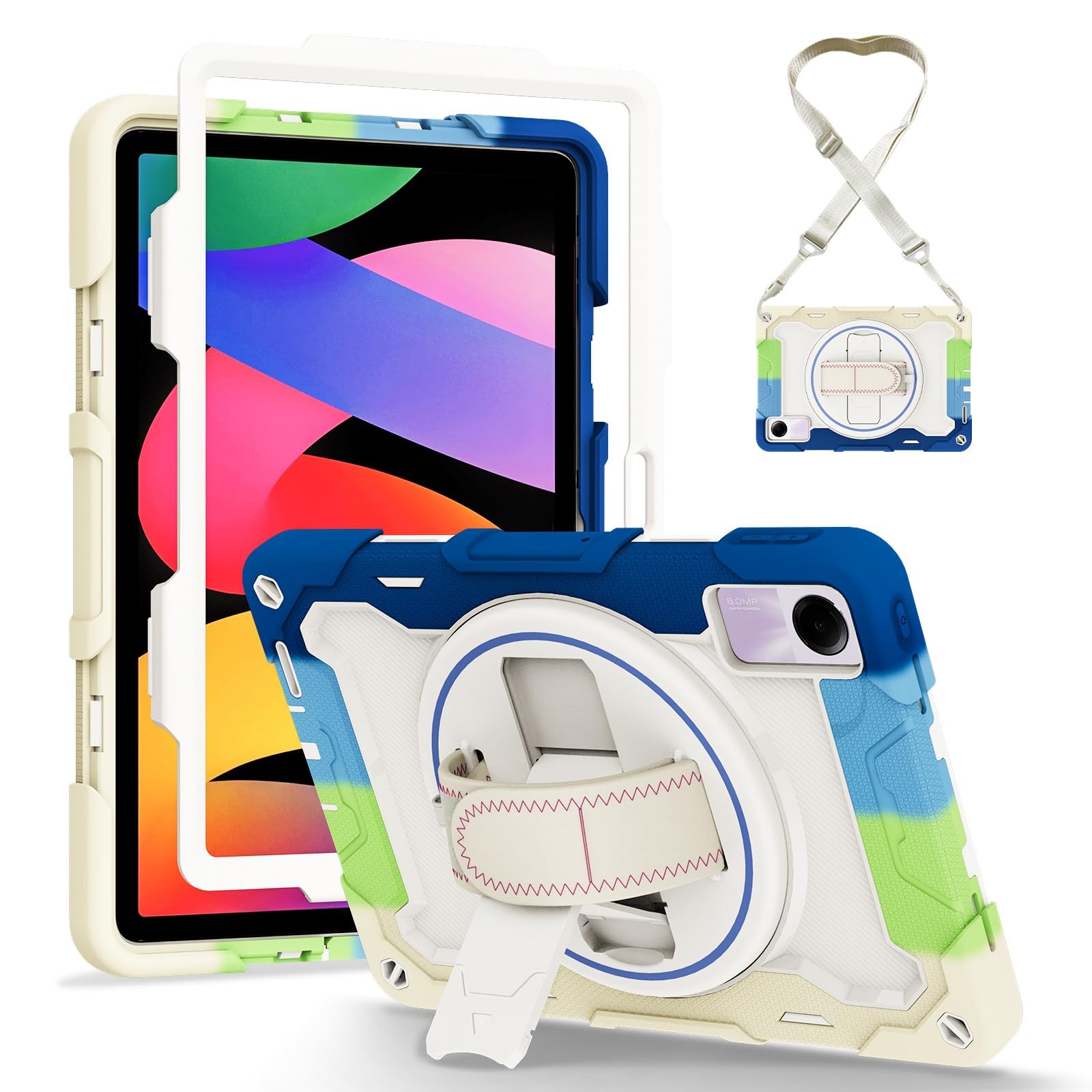 Coque Xiaomi Pad 8 antichoc en silicone bleu avec support et sangle arrière rigide