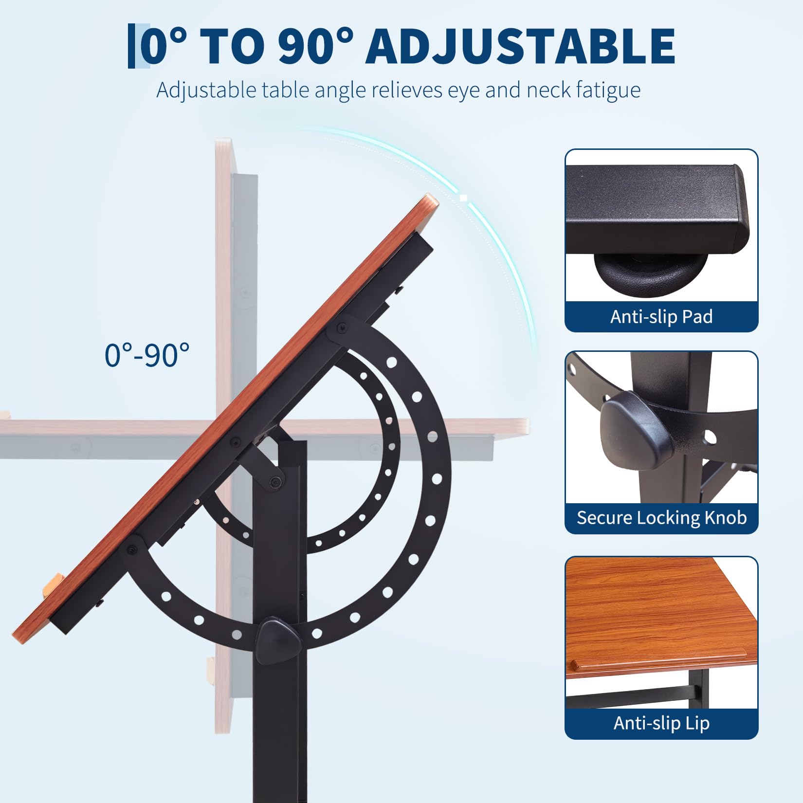 Table à Dessin Inclinable 0°-90° avec Acier Bois, Bureau à Dessin Inclinable avec Finition Noyer, Grand Plateau Antidérapant, Convient pour un Bureau à Domicile, un Studio ou un Usage Professionnel
