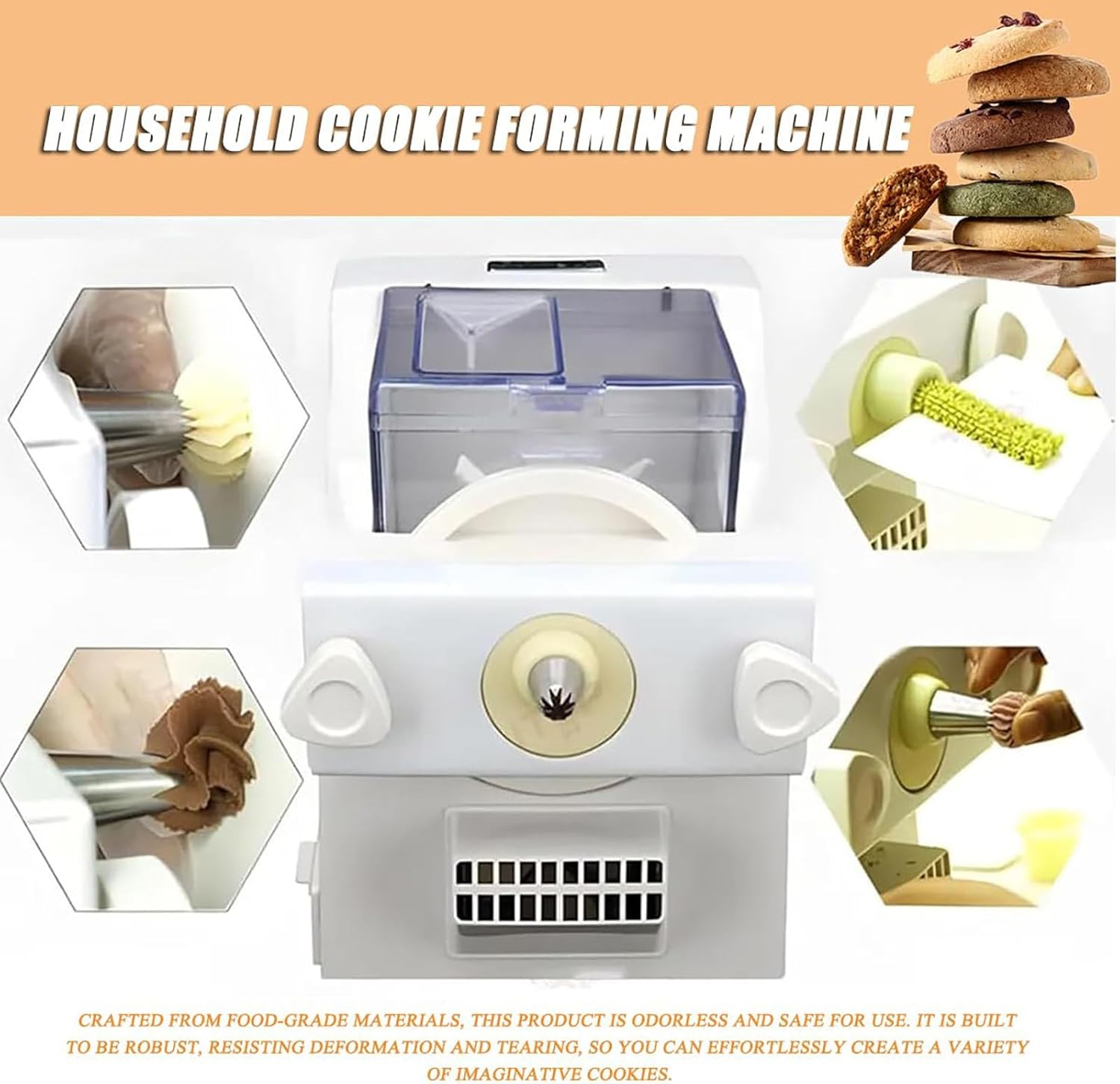 180W Electric Cookie Press Machine, 50-60RPM Automatic Cookies Making Machine for DIY Baking, Professional White Biscuit Maker Machine with 8 Nozzles and 6 Molds for Home