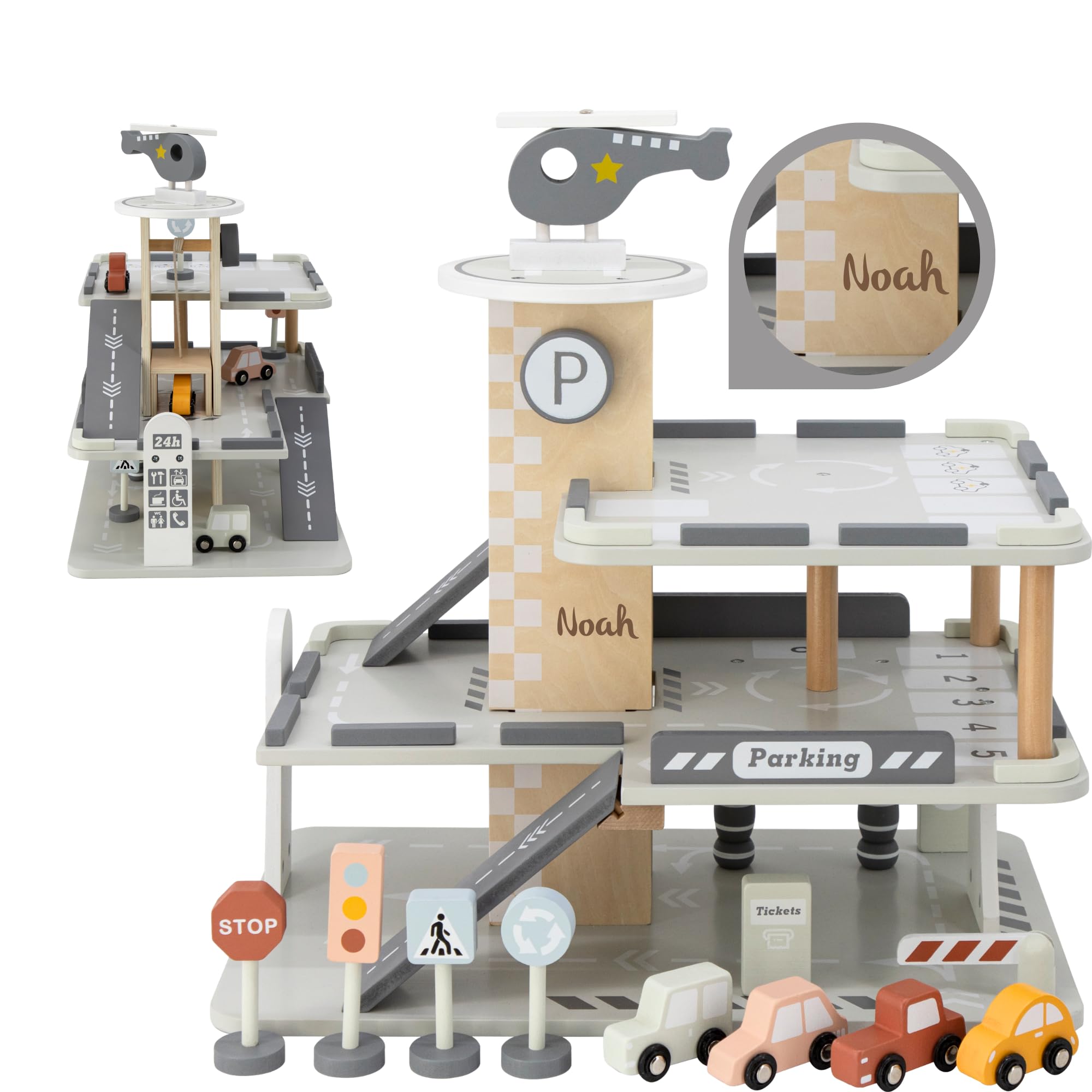 Personnalisable Garage de stationnement en Bois – avec Niveaux et Accessoires, favorise Le Jeu de rôle et la créativité – pour Enfants dès 3 Ans – personnalisé avec Le prénom – Tryco