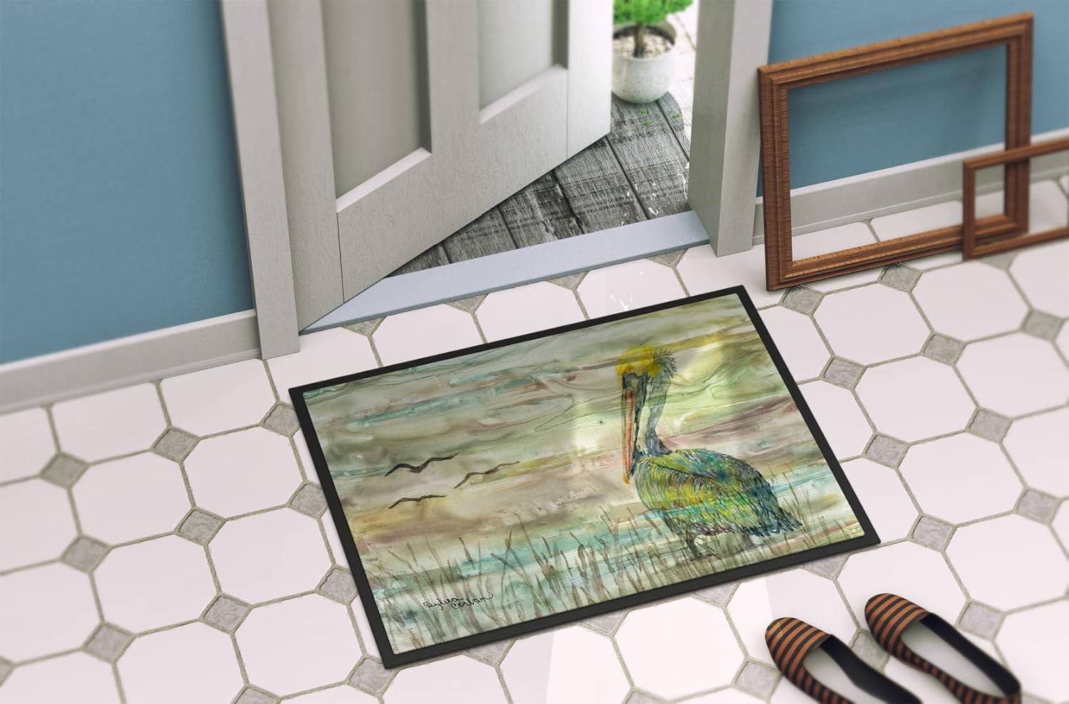 Caroline's Treasures SC2012MAT Pelican Sunset Doormat 18x27 Front Door Mat Indoor Outdoor Rugs for Entryway, Non Slip Washable Low Pile, 18H X 27W