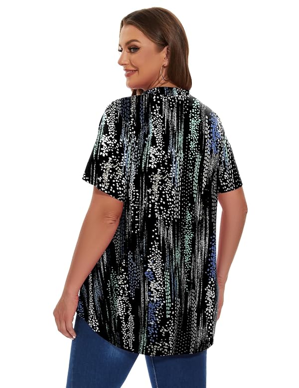 MONNURO Womens Plus Size Tops Short Sleeve Henley Button Down T Shirts Blouses(Flower126,4X) Black Silver by MONNURO - Used condition - Image 4