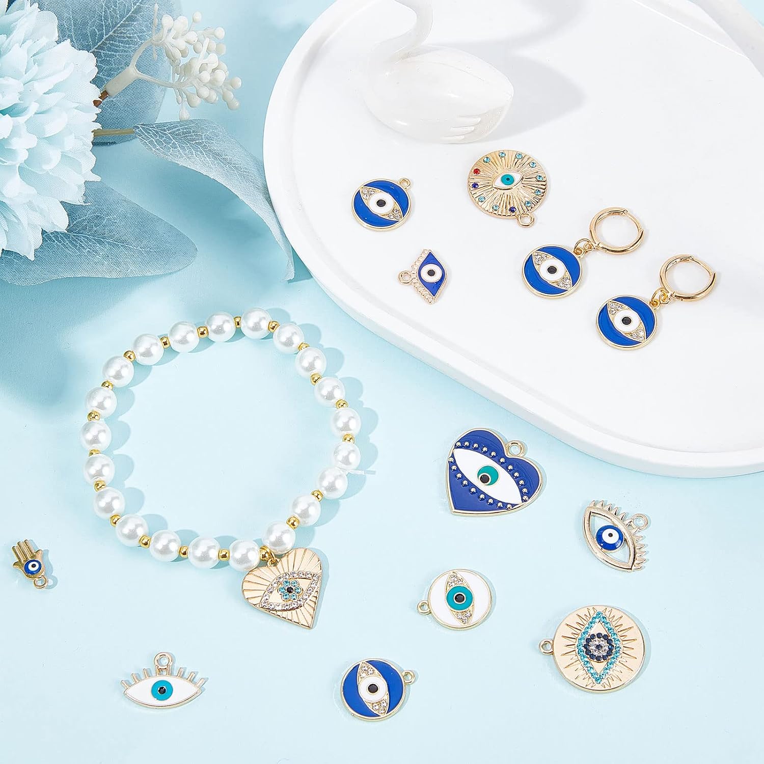 SUNNYCLUE 1 Box 40Pcs Evil Eye Charms Evil Eyes Charm Valentine's Day Heart Charm Flat Round Rhinestone Hamsa Hand Lucky Charms Love Charms for Jewelry Making Charm Earrings Necklace DIY Supplies