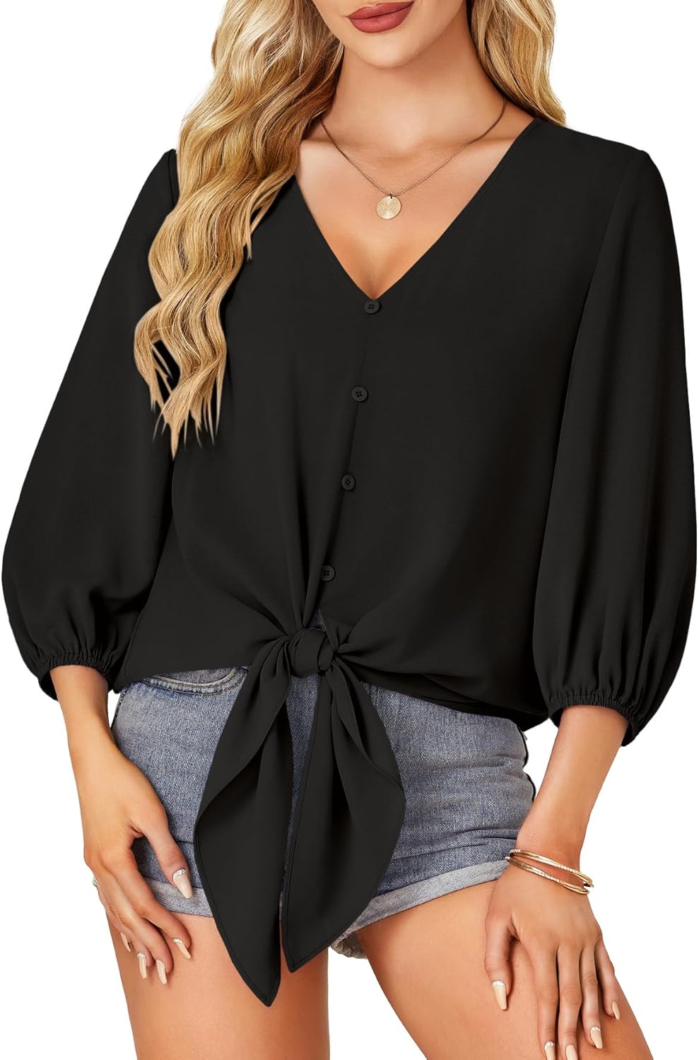 LYANER Women's Casual V Neck Tops 3/4 Sleeve Tie Knot Blouses Solid Button Down Summer Shirts - Image 2