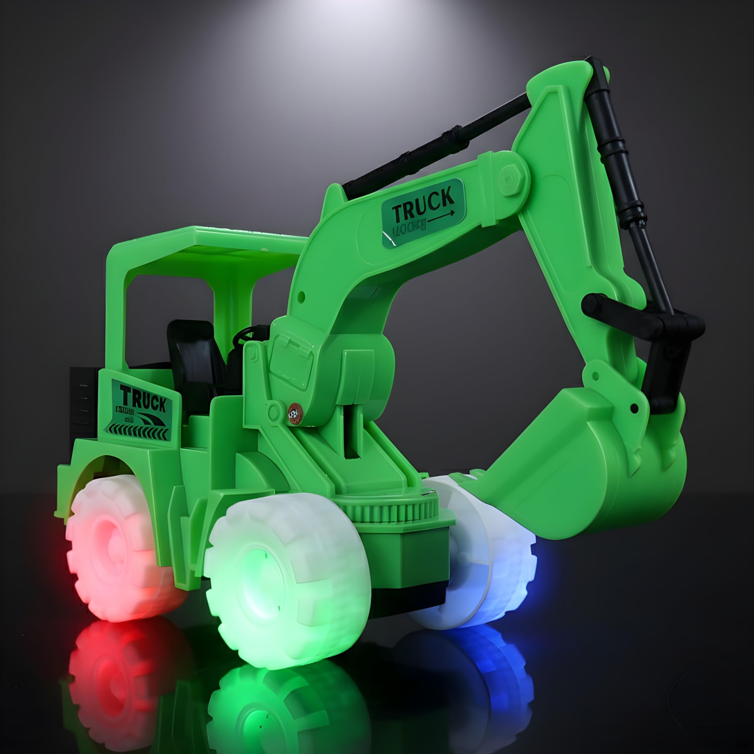 Bump & Go Action Truck and JCB Toy Set with Lightning Wheels, Battery Operated, Music Effects, Universal Wheel (8031 - Green)