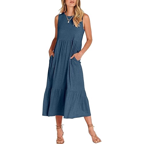 ANRABESS Women's Summer Casual Sleeveless Crewneck Swing Sundress Fit & Flare Flowy Tiered Maxi Dress with Pockets