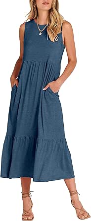 ANRABESS Women's Summer Casual Sleeveless Crewneck Swing Sundress Fit & Flare Flowy Tiered Maxi Dress with Pockets