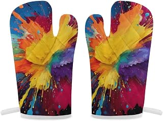 2 Pcs Oven Mitts Heat Resistant Kitchen Gloves Soft Safety Colorful Paint Splatter Art in Many Oven Glove for Microwave, Barbecue