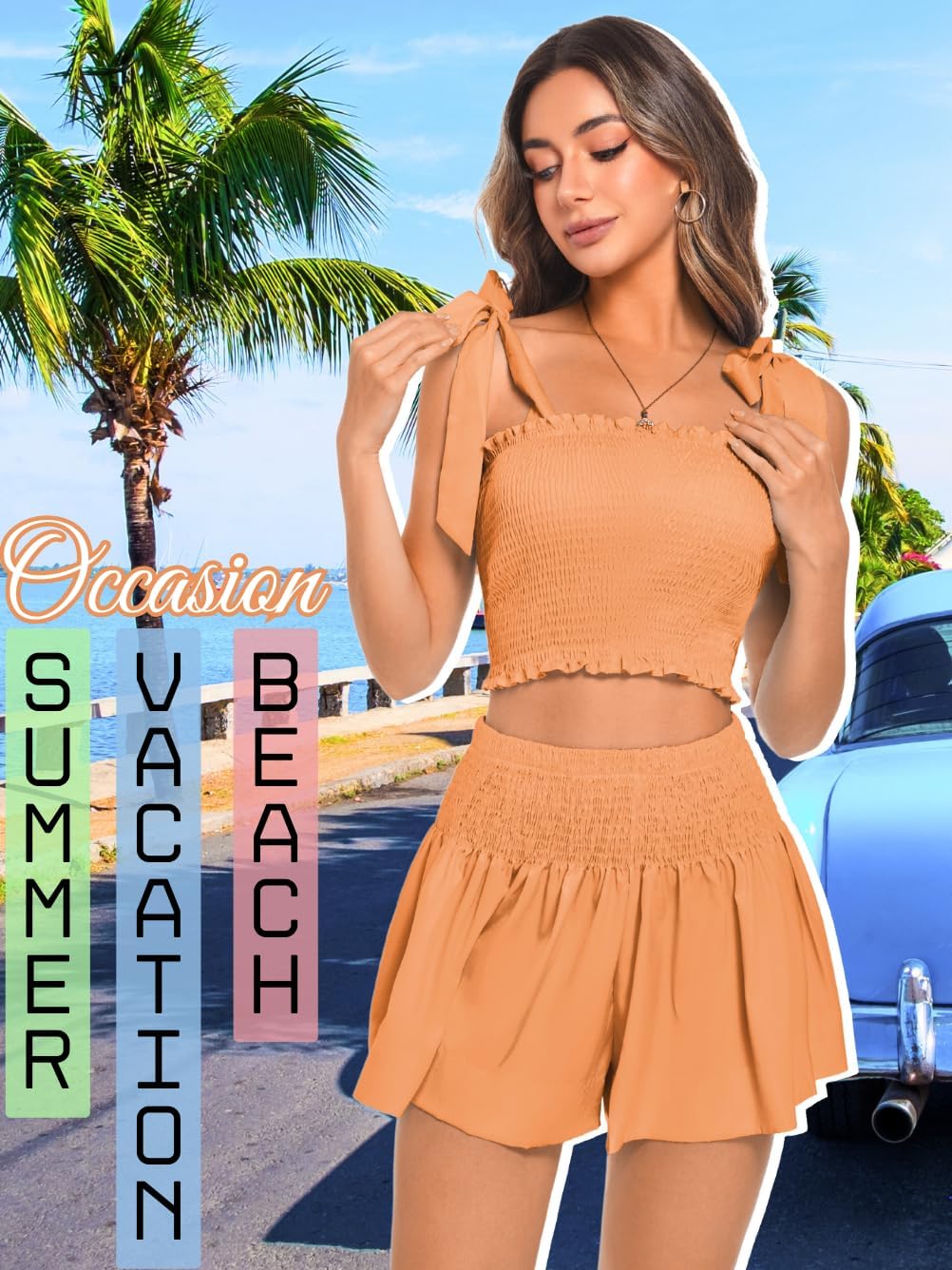 2 Piece Summer Sets,Square Neck Bow Tank Top & Short Set,Beach Vacation Smocked Outfits For Women Crusie Resort - Image 7