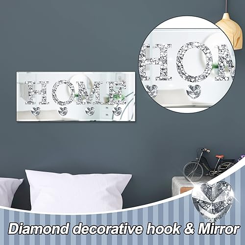 Miniatura 6 de Soporte para llaves en la pared con diseño de diamante con espejo para el hogar, letrero montado en la pared, ganchos transparentes en forma de
