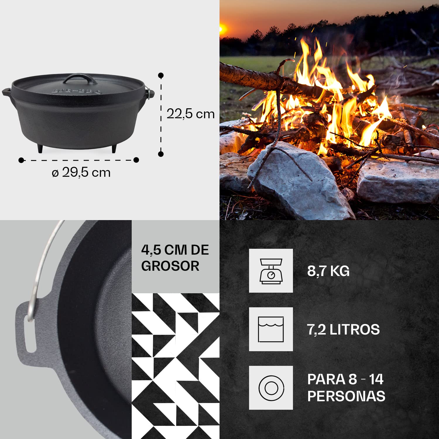 ToCi Horno Holandés de Hierro con Tapa, Olla Hierro Fundido con Capacidad de 7,2 l., Cazuela con Tapa para Horno a Prueba de Goteo, Uso Sartén para Cocina en Camping y BBQ para Brasas y Parrilla