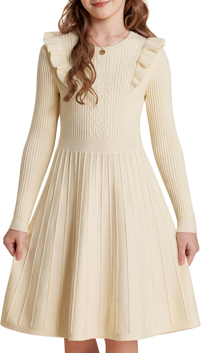 GRACE KARIN Girls Sweater Dress Fall Winter Long Sleeve Cable Knit Pullover Dresses for Girls 5-12Y