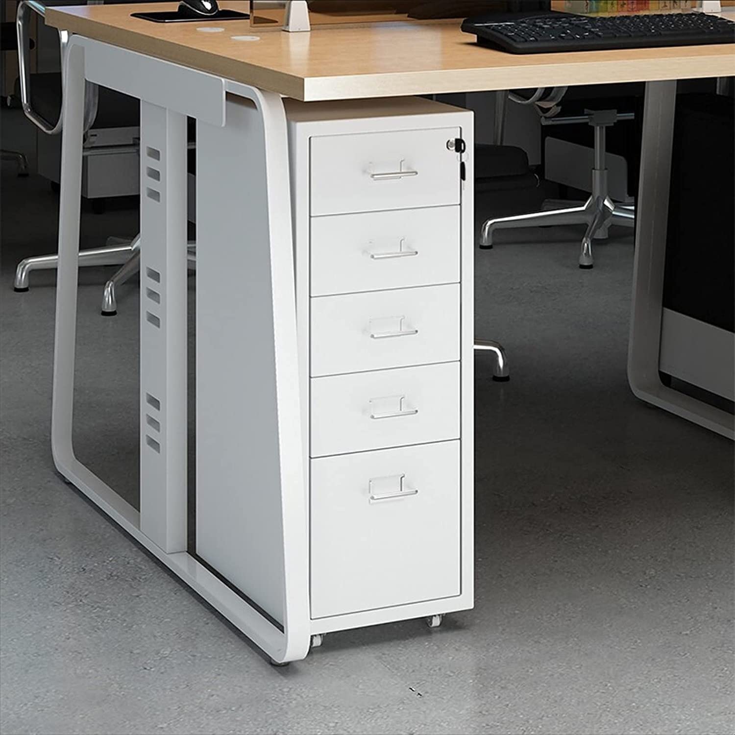 Cassettiera sicura in metallo con 5 cassetti con serratura per archiviazione di casa e ufficio ed elegante soluzione di archiviazione per documenti e forniture, colore grigio