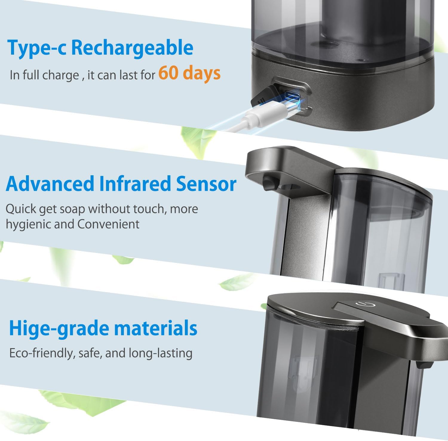 Automatic Liquid Soap Dispenser, Rechargeable, Touchless, 17oz/500ml with 4 Adjustable Soap Levels, Wall Mount & Waterproof, Liquid Hand/Dish Soap Dispenser for Bathroom Kitchen