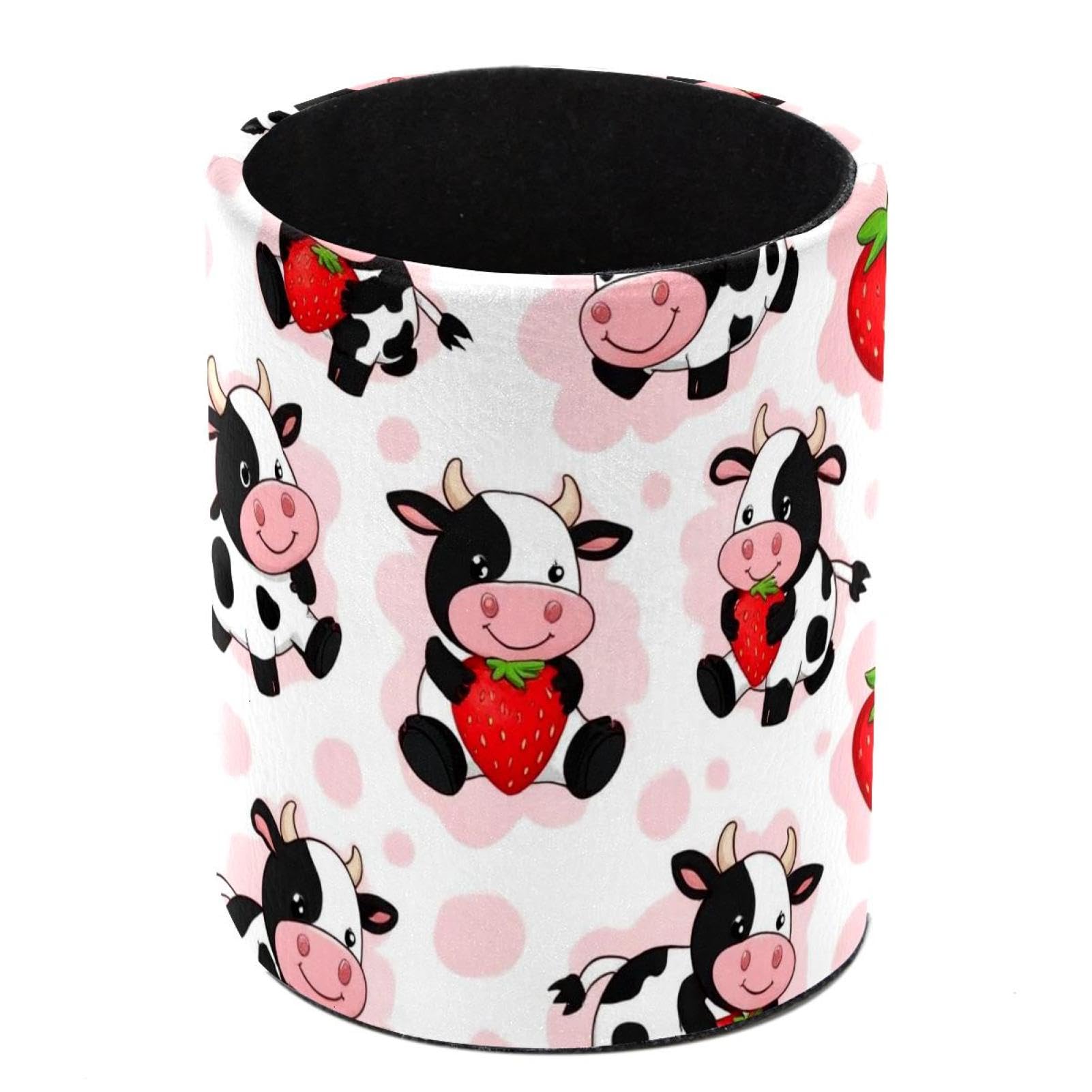 HEOEH Strawberry Cow Pen Holder for Desk, PU Leather Pencil Holder Pen Cup Marker Holder Makeup Brush Holders, Desk Accessories & Workspace Organizers for Home, Office