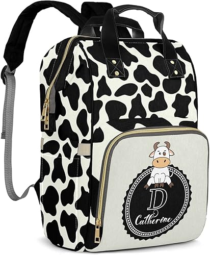 Personalized Black Cow Pattern Print Waterproof Diaper Bag for Women Mommy Girl Gift