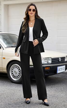 Women's 2 Piece Suits Business Casual Outfits Straight Wide Leg Pants Suits Professional Office Work Outfits