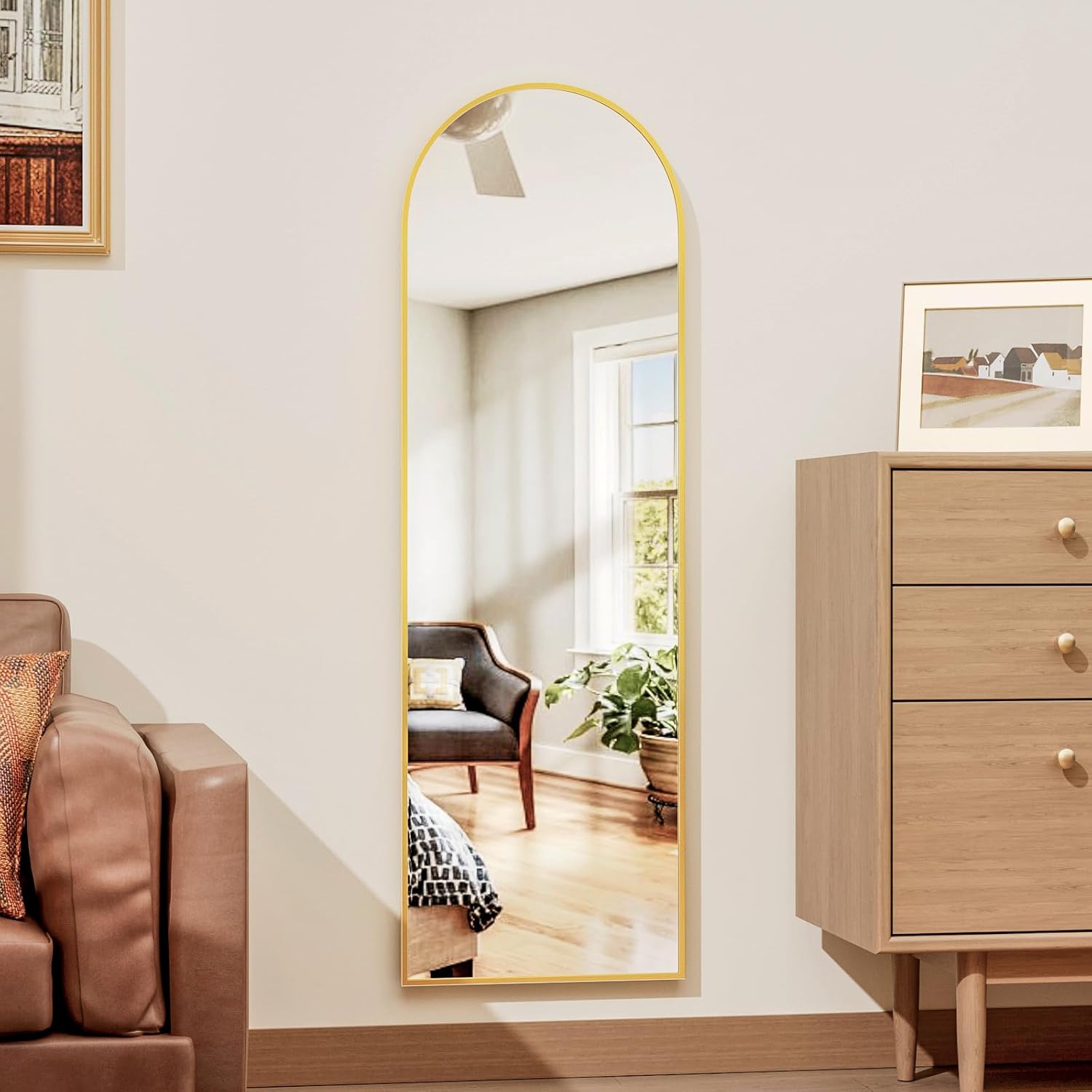 full length door mirror, wall mounted wall & 48"x18"arched behind door mirrors, full length mirror for use in living rooms, rooms, bedrooms, cloakrooms, etc. (gold) dark gold 48"l x 18"w