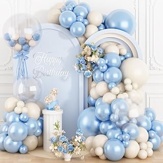 PePearl Blue and Sand White Balloon Arch Kit, Double Stuffed Pearl Balloons