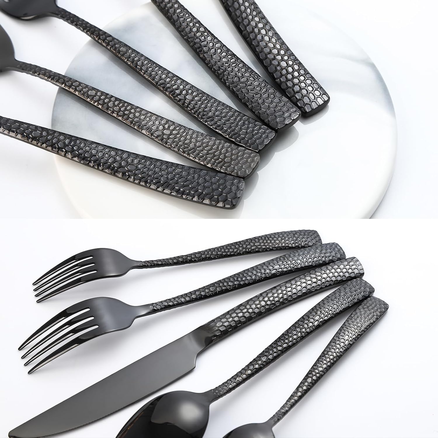 30-Piece Black Silverware Set, Heavy Duty Hammered 18/10 Stainless Steel Flatware, Food-Grade Cutlery, Tableware Including Fork Knife Spoon - Dishwasher Safe