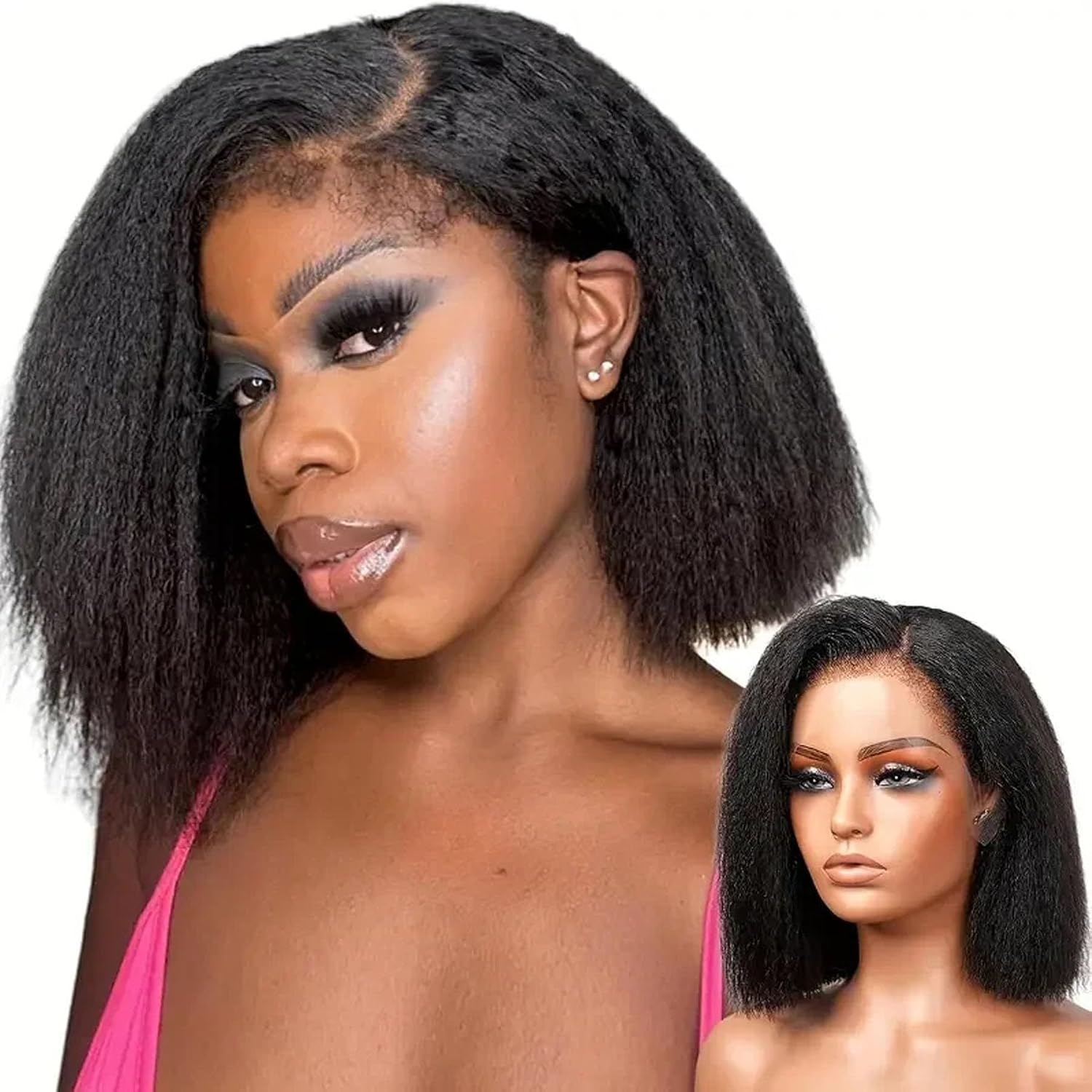 Bob 4C Edge Bleached Knots With Curly Baby Hair 13X4 HD Lace Front Wig Natural Black Pre Plucked 100% Virgin Human Hair Yaki Glueless Brazilian Remy Wig 150% Density For Black Woman 10 Inch