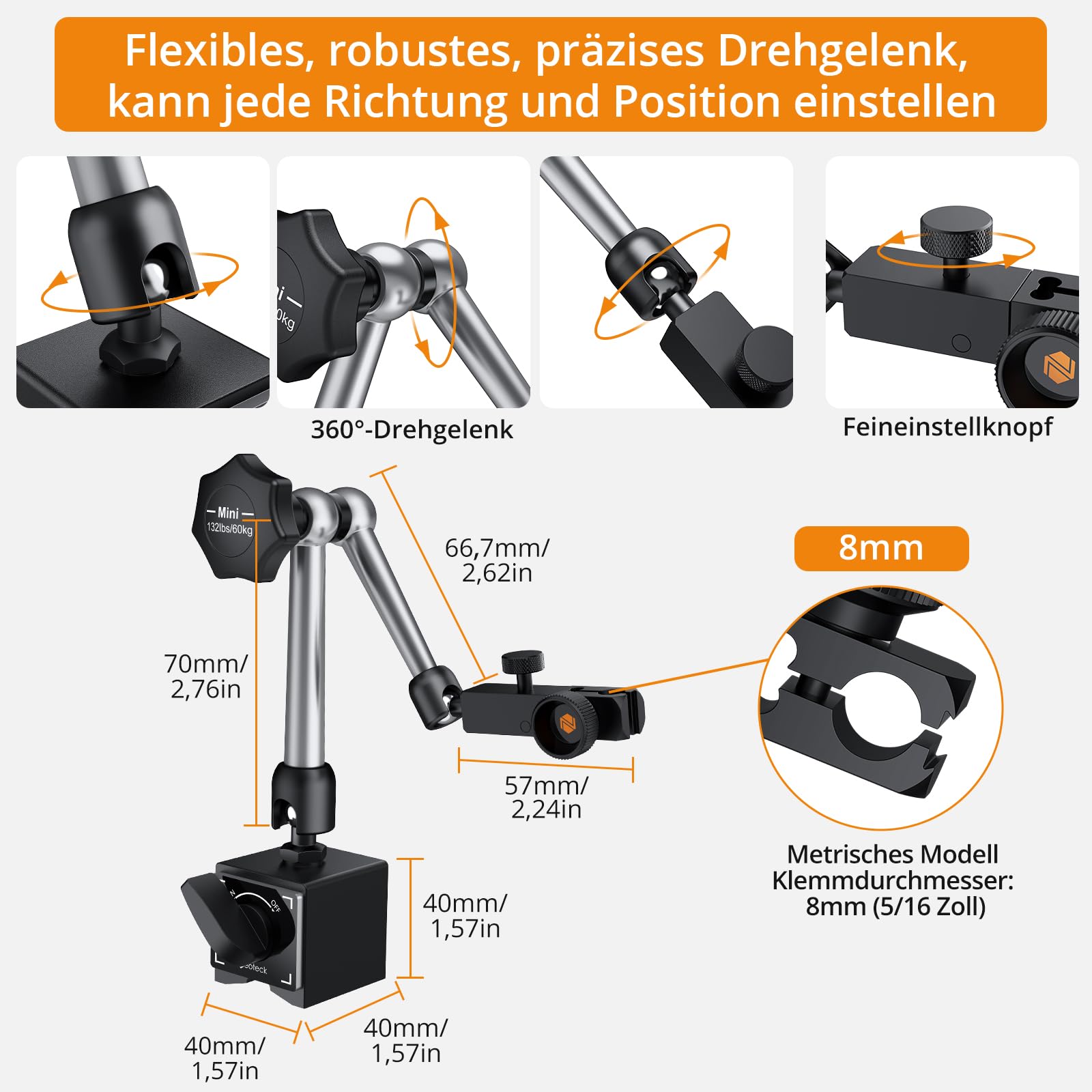 Neoteck Messuhr und Magnetstativ, Messtaster 0-20mm, Zentralklemmung Messuhrhalte 60 kg max. Zugkraft Basis Ständer für Messuhr