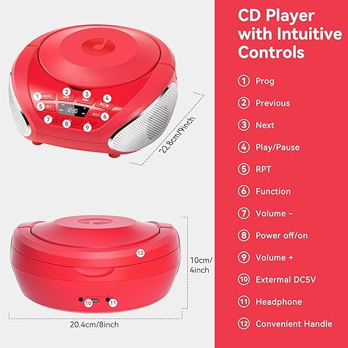 Miniatura 8 de Gueray Reproductor de CD portátil Boombox Radio Reproductores de CD con altavoces Audio para el hogar Radio FM Entrada AUX Soporte Auriculares Modo