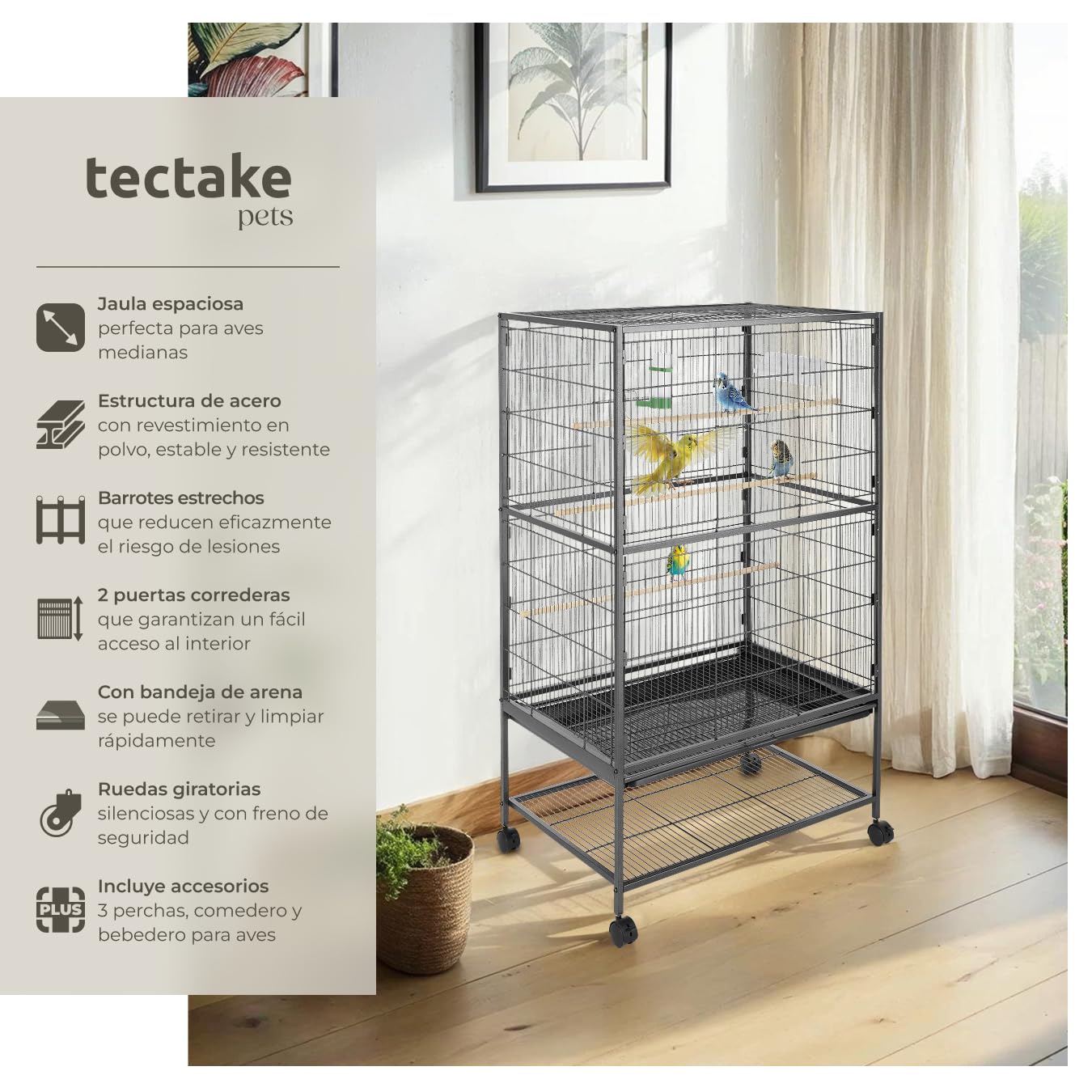 tectake® Pajarera con Ruedas Bloqueables y Bandeja Extraíble, Jaula Pajaros para Loro, Canario, Ninfas y Periquitos, Incluye Comedero, Bebedero y Rejilla Inferior Segura - 78 x 52 x 131 cm