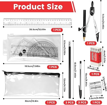 Back to School Stationery Set, 15PCS Exam Stationery Set, School Supplies | Protractor and Compass Set, Mathematical Kit, Pencil Case with Stationery Included, Geometry Sets