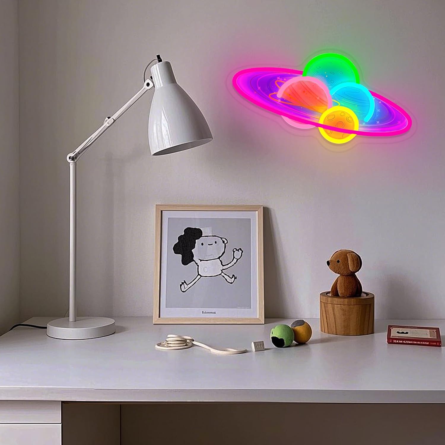 Planet Neon Sign Dimmable Colorful Saturn Led Signs USB Powered Four-Planet Combination Space Neon Light Up Sign for Bedroom Living Room Game Room Wall Decor Kids Present Birthday Party