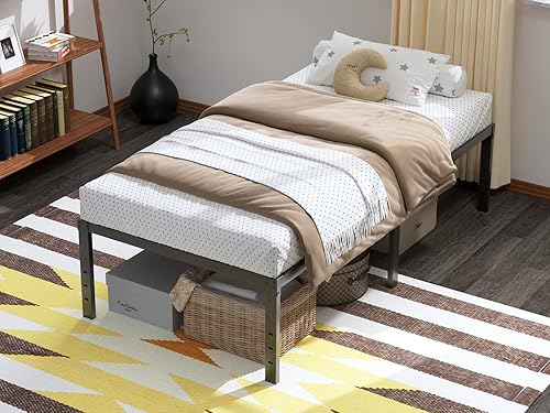 Miniatura 7 de Marco de cama individual de metal, plataforma de metal de 18 pulgadas de alto, tamaño individual con espacio de almacenamiento y listones de