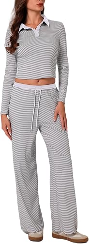 ABOCIW Lounge Sets for Women Striped Long Sleeve Shirts Wide Leg Pants 2 Piece F