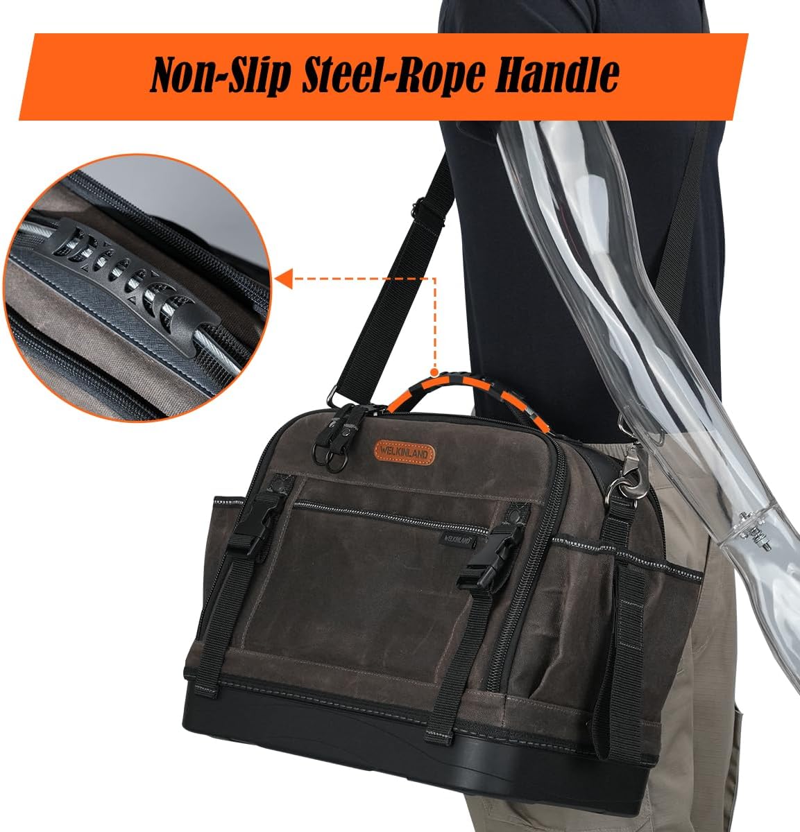WELKINLAND 53Pockets Hard-Bottom HVAC Bag, Heavy-Duty Electrician Tool Bag,Waterproof Waxed Canvas Tools Bags, Top-Open 16 Inch Tool Bags,HVAC Service Bag For Men